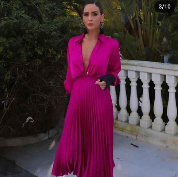 Zara Dresses & Skirts - ZARA SATIN EFFECT PLEATED MIDI SKIRT FUCHSIA PINK M L NWT elastic waist